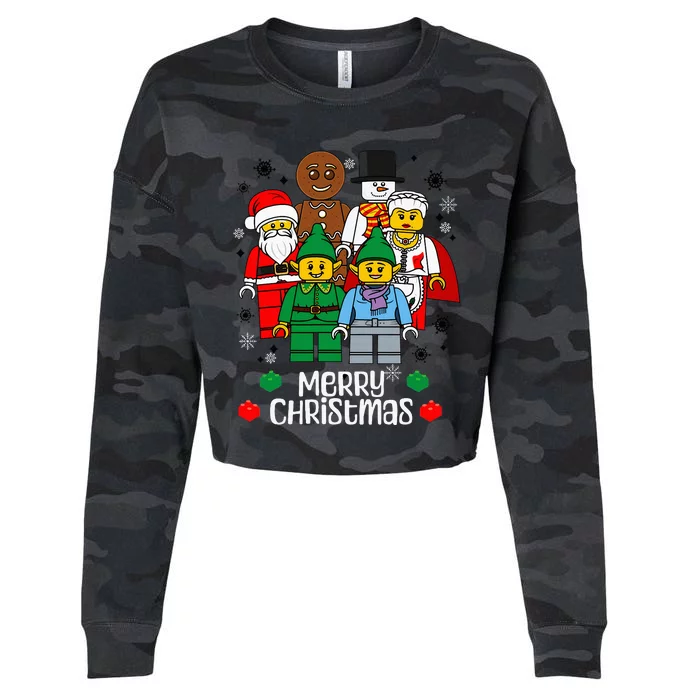 Merry Christmas Building Bricks Santa Elf Snowman Figures Cropped Pullover Crew