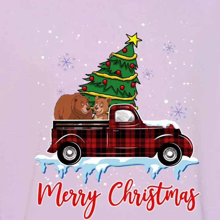 Merry Christmas Bear Xmas Plaid Red Truck Tree On Car Gift Garment-Dyed Sweatshirt