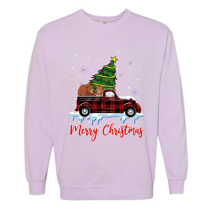 Merry Christmas Bear Xmas Plaid Red Truck Tree On Car Gift Garment-Dyed Sweatshirt