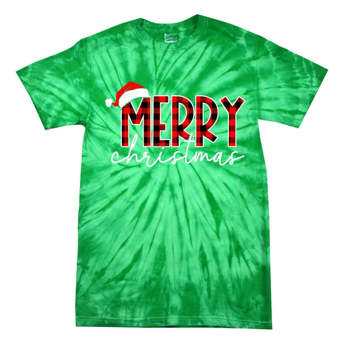 Merry Christmas Buffalo Red Plaid Santa Hat Xmas Pajamas Tie-Dye T-Shirt