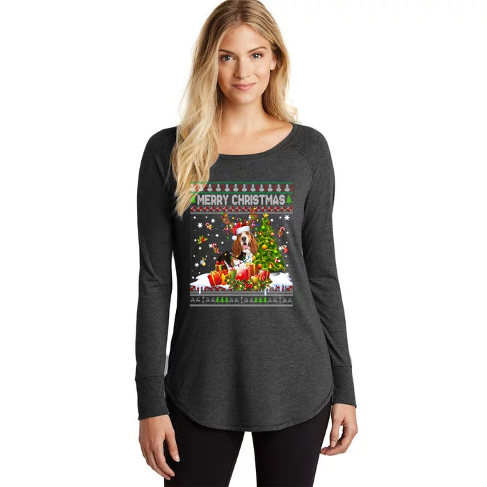 Merry Christmas Basset Hound Santa Xmas Lights Ugly Pajama Women's Perfect Tri Tunic Long Sleeve Shirt