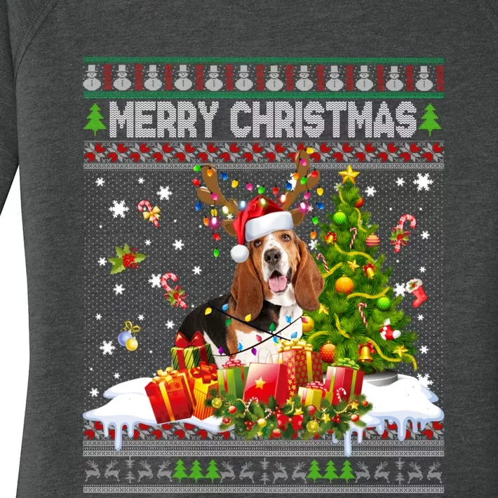 Merry Christmas Basset Hound Santa Xmas Lights Ugly Pajama Women's Perfect Tri Tunic Long Sleeve Shirt