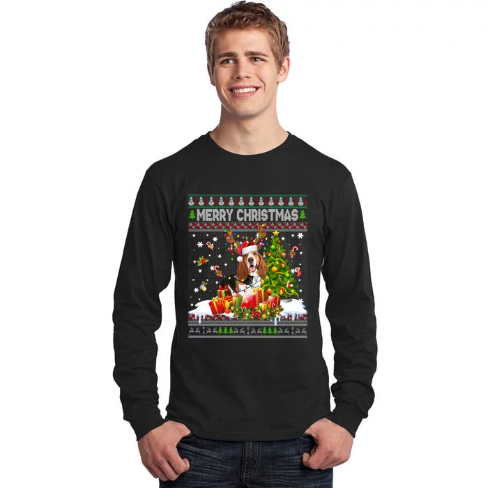 Merry Christmas Basset Hound Santa Xmas Lights Ugly Pajama Tall Long Sleeve T-Shirt