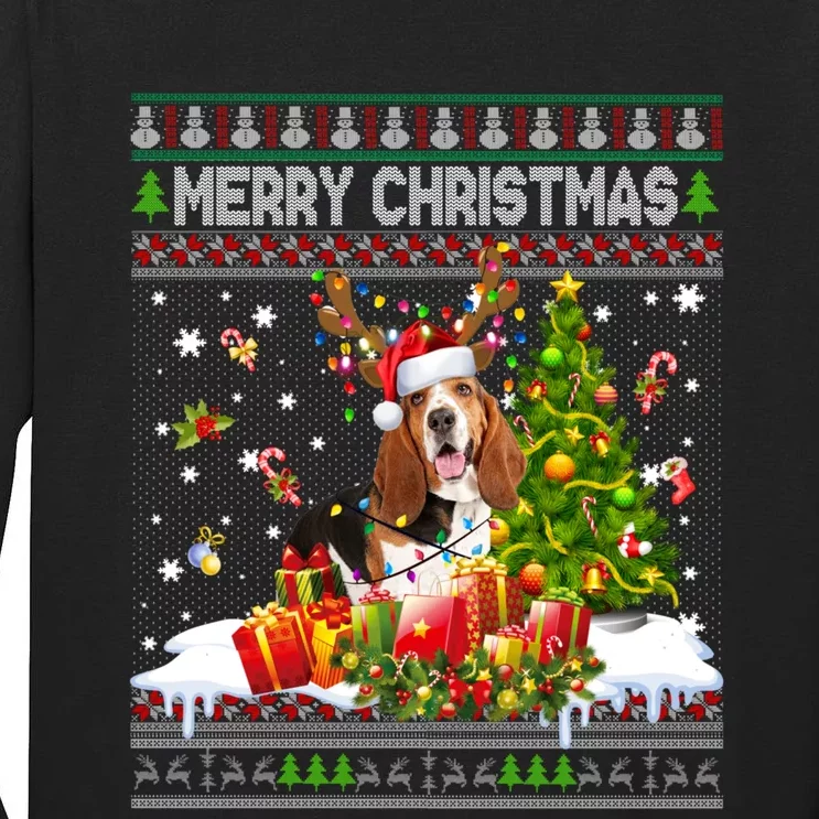 Merry Christmas Basset Hound Santa Xmas Lights Ugly Pajama Tall Long Sleeve T-Shirt