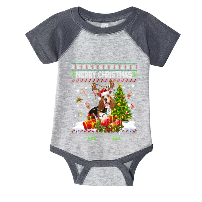 Merry Christmas Basset Hound Santa Xmas Lights Ugly Pajama Infant Baby Jersey Bodysuit