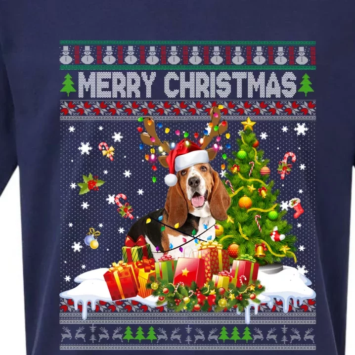 Merry Christmas Basset Hound Santa Xmas Lights Ugly Pajama Sueded Cloud Jersey T-Shirt