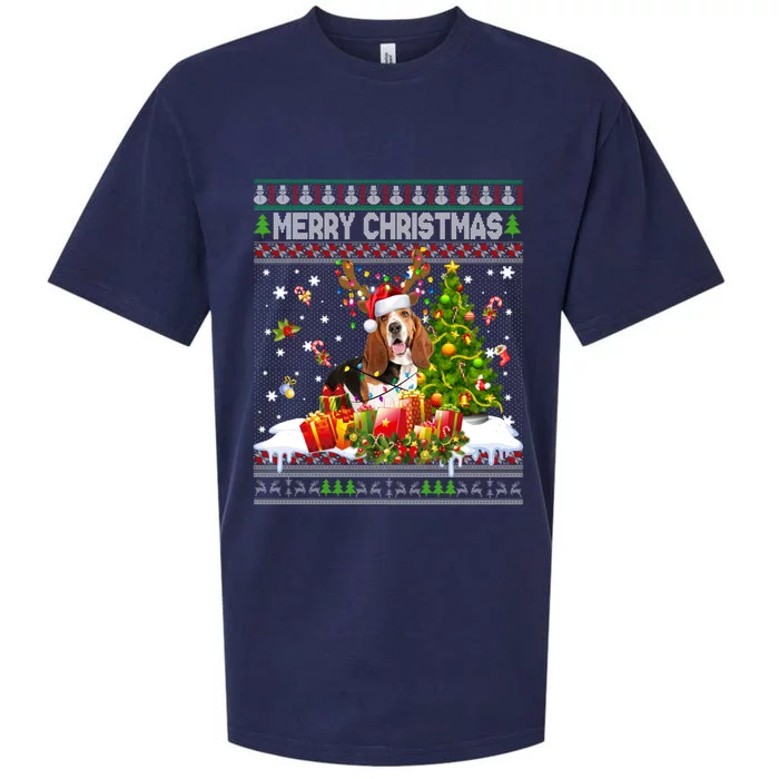 Merry Christmas Basset Hound Santa Xmas Lights Ugly Pajama Sueded Cloud Jersey T-Shirt