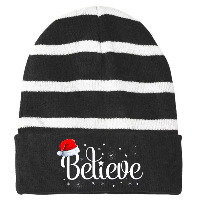 Merry Christmas Believe in Santa Claus Family Pajamas Striped Beanie with Solid Band