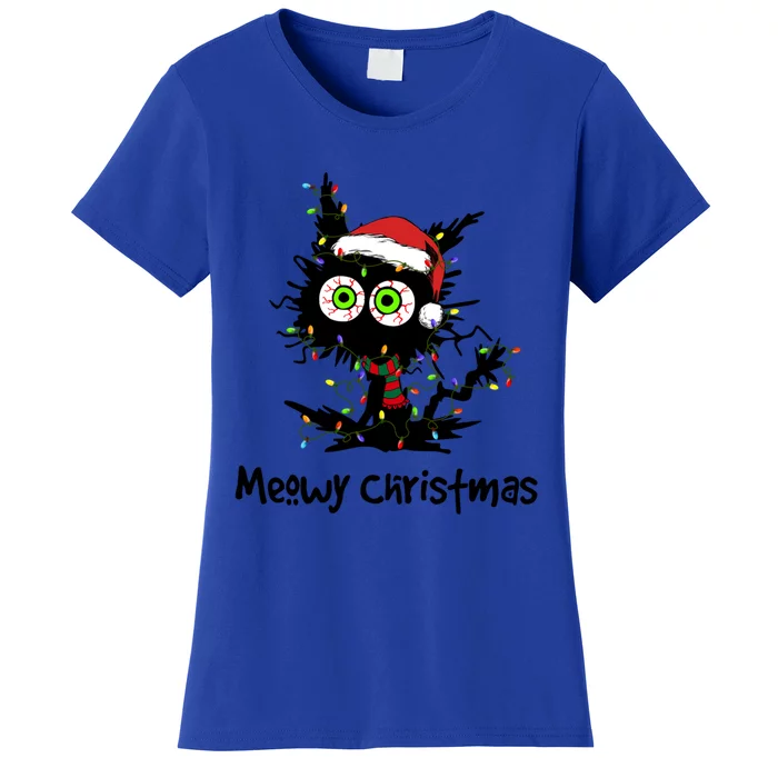 Meowy Christmas Black Cat Light Christmas Pajamas Gift Women's T-Shirt