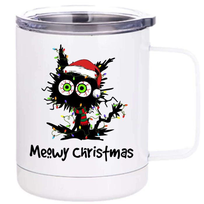 Meowy Christmas Black Cat Light Christmas Pajamas Gift Front & Back 12oz Stainless Steel Tumbler Cup