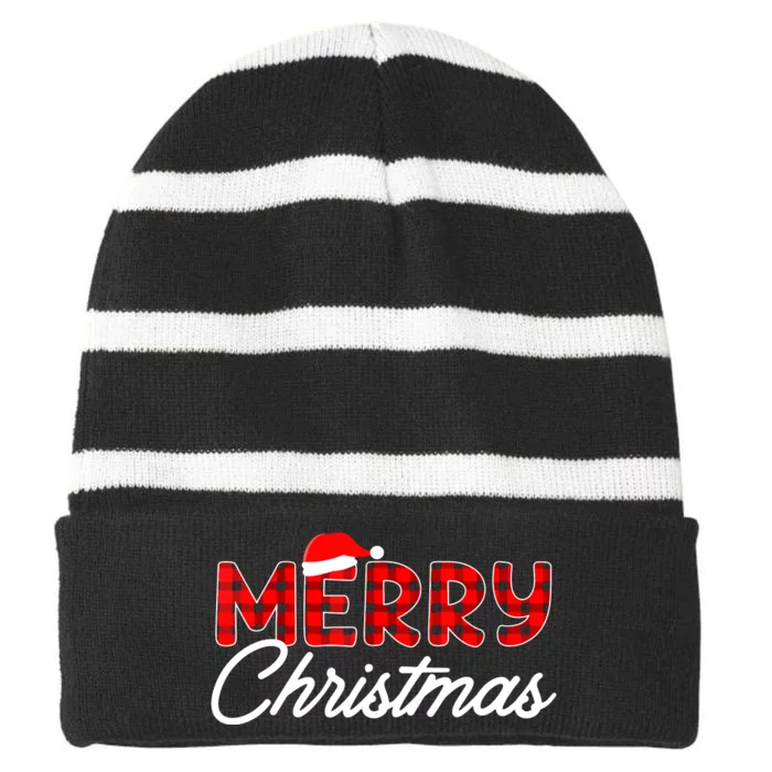 Merry Christmas Buffalo Plaid Red Santa Hat Xmas Pajamas Striped Beanie with Solid Band