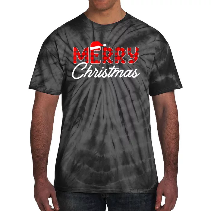 Merry Christmas Buffalo Plaid Red Santa Hat Xmas Pajamas Tie-Dye T-Shirt