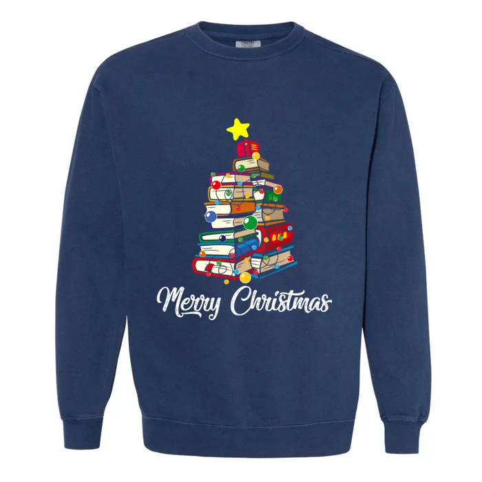 Merry Christmas Book Tree Librarian Bookworm Book Funny Gift Garment-Dyed Sweatshirt