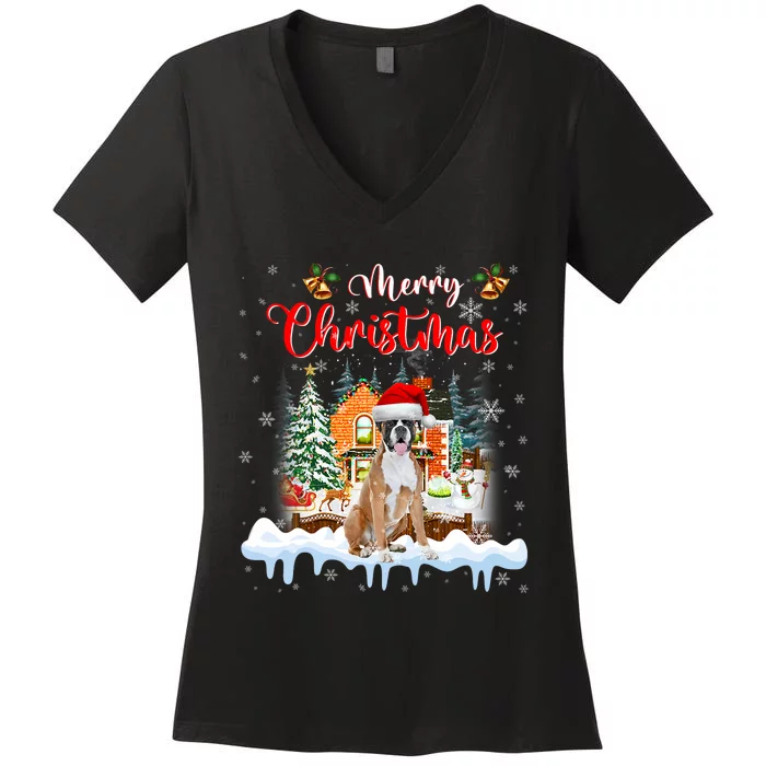 Merry Christmas Boxer Dog Santa Hat Lights Xmas Women's V-Neck T-Shirt