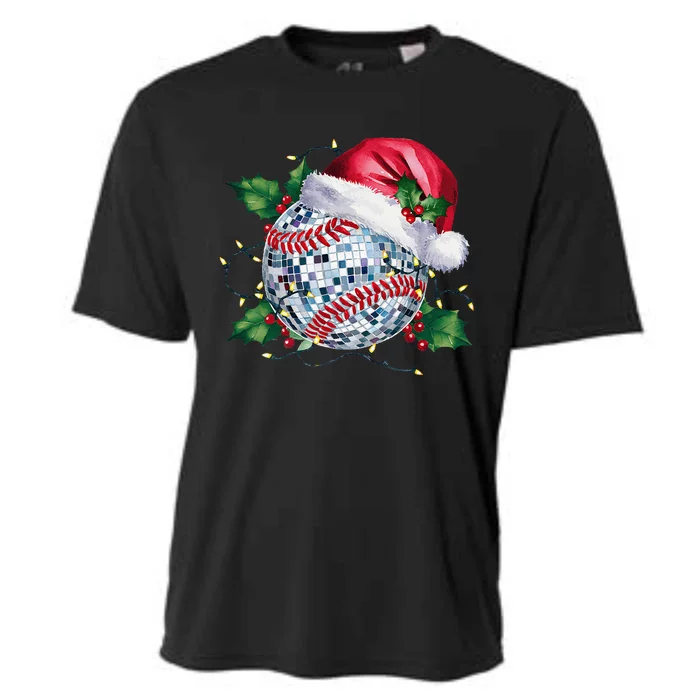 Merry Christmas Baseball Disco Ball Santa Hat Xmas Light Cooling Performance Crew T-Shirt