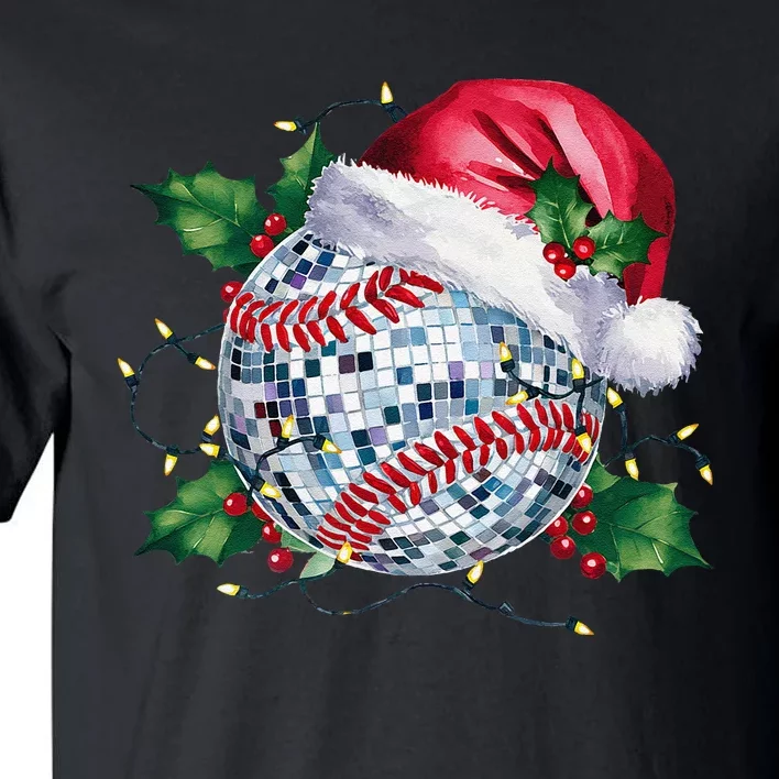 Merry Christmas Baseball Disco Ball Santa Hat Xmas Light Tall T-Shirt