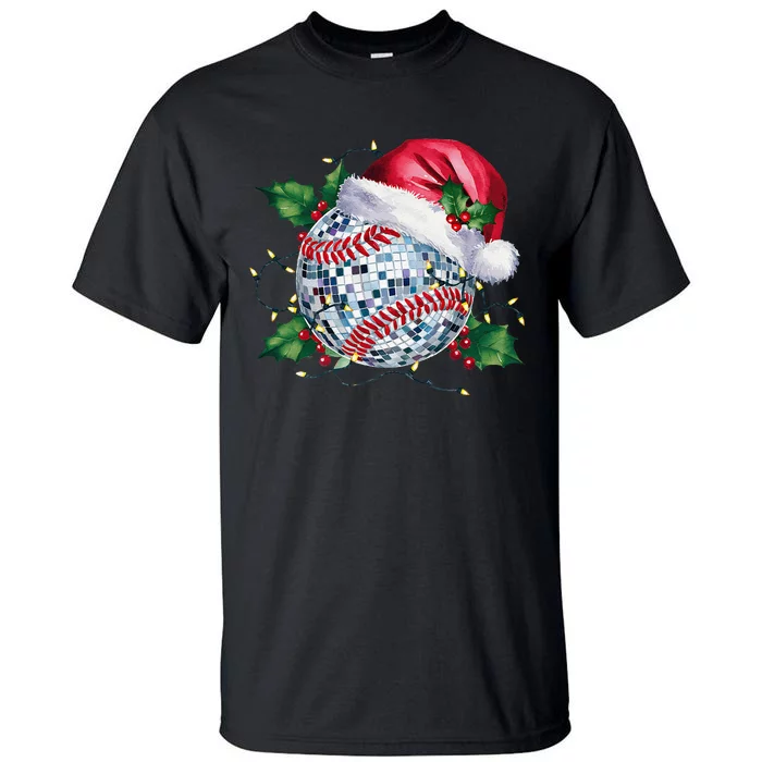 Merry Christmas Baseball Disco Ball Santa Hat Xmas Light Tall T-Shirt