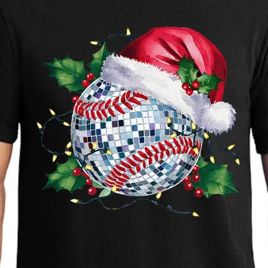 Merry Christmas Baseball Disco Ball Santa Hat Xmas Light Pajama Set