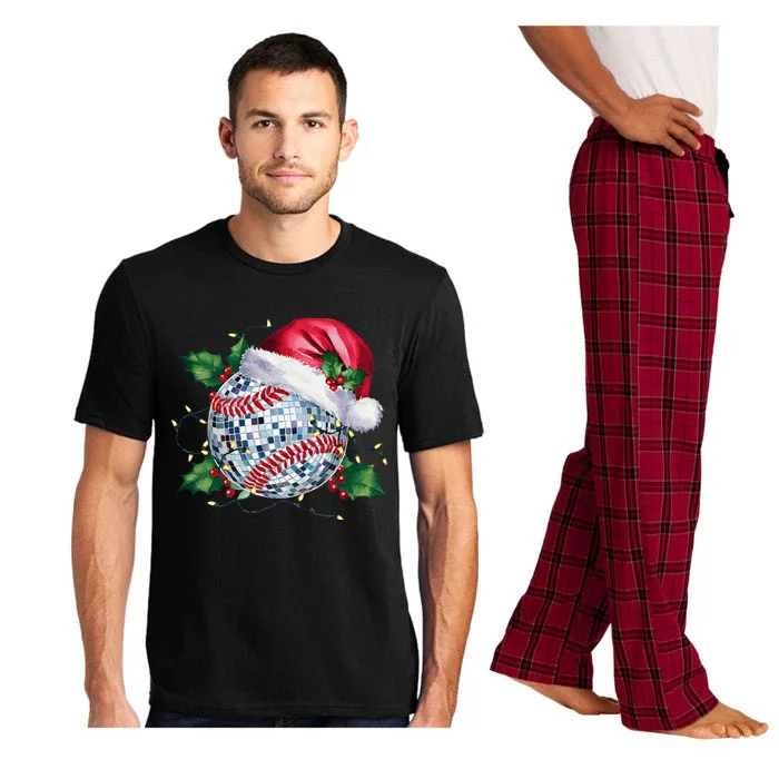 Merry Christmas Baseball Disco Ball Santa Hat Xmas Light Pajama Set