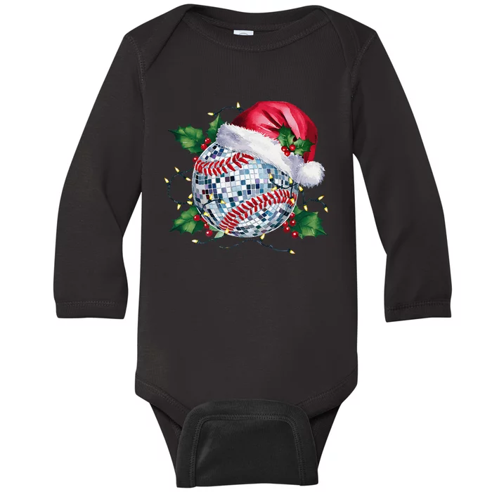 Merry Christmas Baseball Disco Ball Santa Hat Xmas Light Baby Long Sleeve Bodysuit