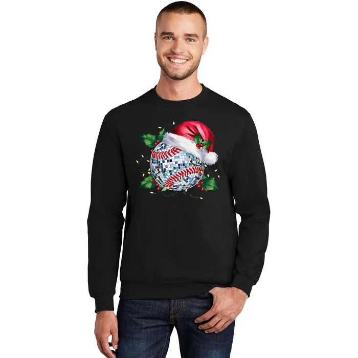 Merry Christmas Baseball Disco Ball Santa Hat Xmas Light Tall Sweatshirt