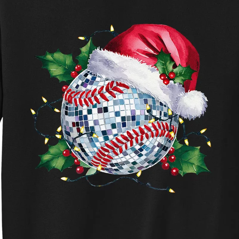 Merry Christmas Baseball Disco Ball Santa Hat Xmas Light Tall Sweatshirt