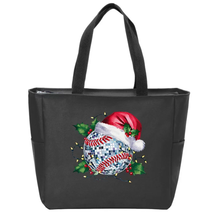 Merry Christmas Baseball Disco Ball Santa Hat Xmas Light Zip Tote Bag