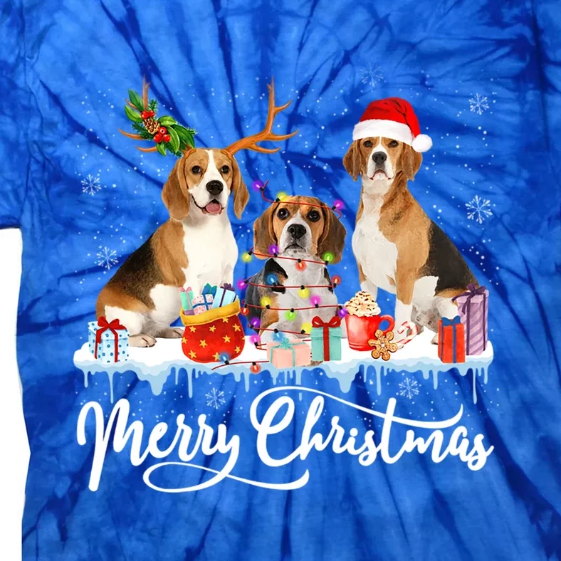 Merry Christmas Beagle Santa Light Reindeer Dogs In Snow Gift Tie-Dye T-Shirt