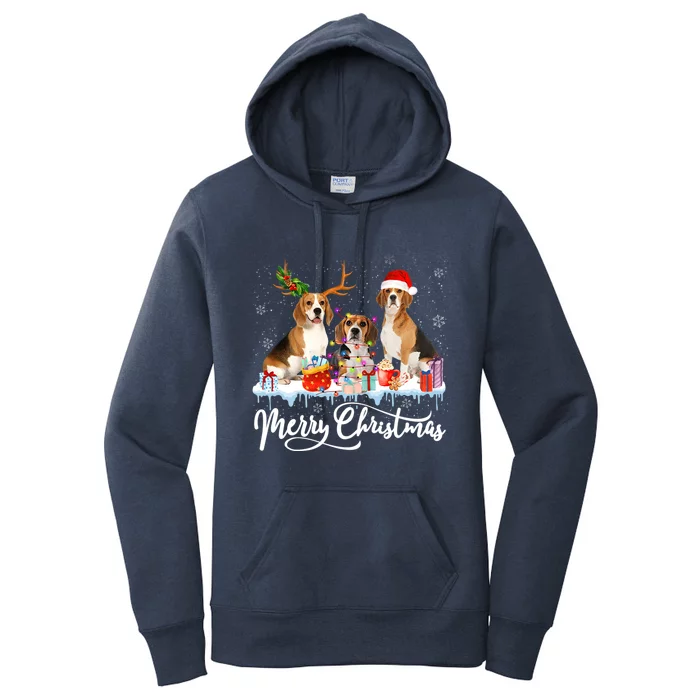 Merry Christmas Beagle Santa Light Reindeer Dogs In Snow Gift Women's Pullover Hoodie