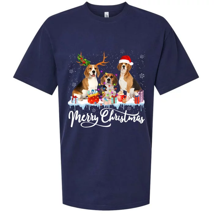 Merry Christmas Beagle Santa Light Reindeer Dogs In Snow Gift Sueded Cloud Jersey T-Shirt