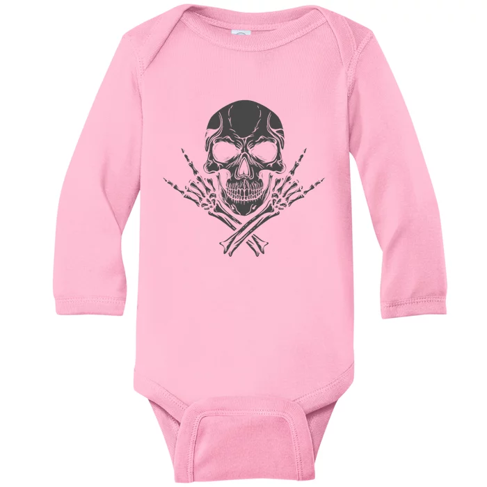 Mano Cornuta Cool Music Skull Rocker Greeting Grey Skull Baby Long Sleeve Bodysuit