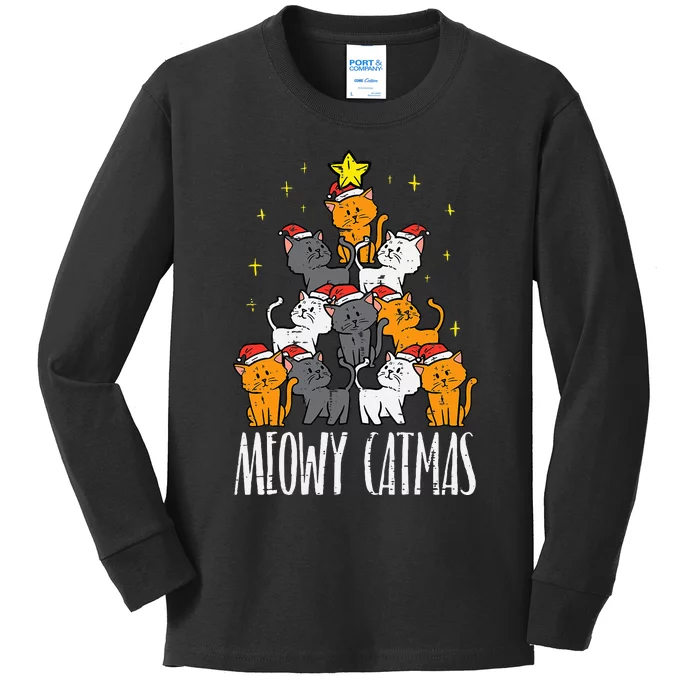 Meowy Catmas Cat Christmas Tree Xmas Kids Long Sleeve Shirt