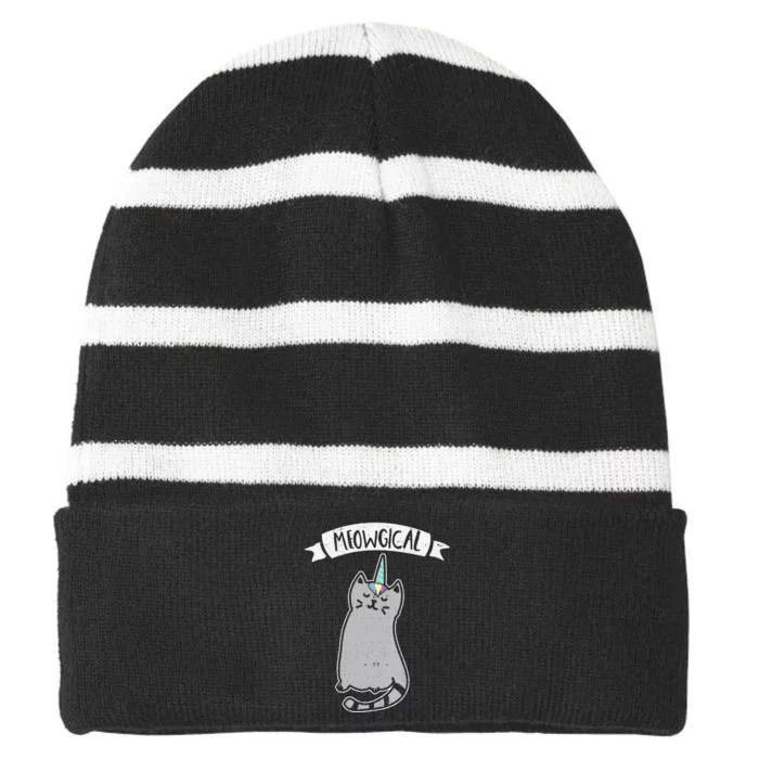 Meowgical Caticorn Cat Unicorn Magical Creature Gift Striped Beanie with Solid Band