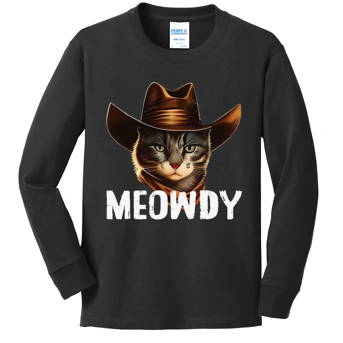 Meowdy Cat Cow Funny Cat Meme Kids Long Sleeve Shirt