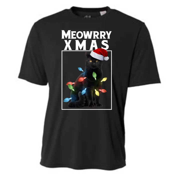 Meowy Christmas Cat With Lights And Santa Hat Cooling Performance Crew T-Shirt