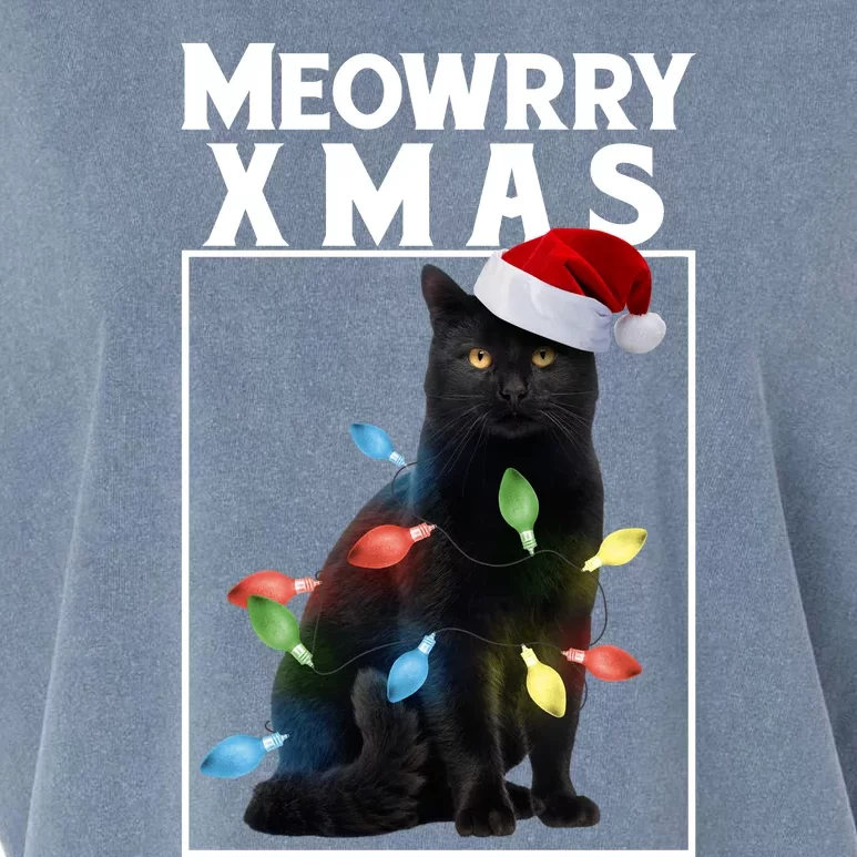 Meowy Christmas Cat With Lights And Santa Hat Garment-Dyed Women's Muscle Tee