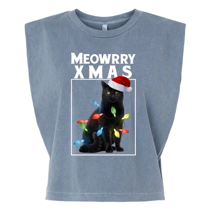 Meowy Christmas Cat With Lights And Santa Hat Garment-Dyed Women's Muscle Tee