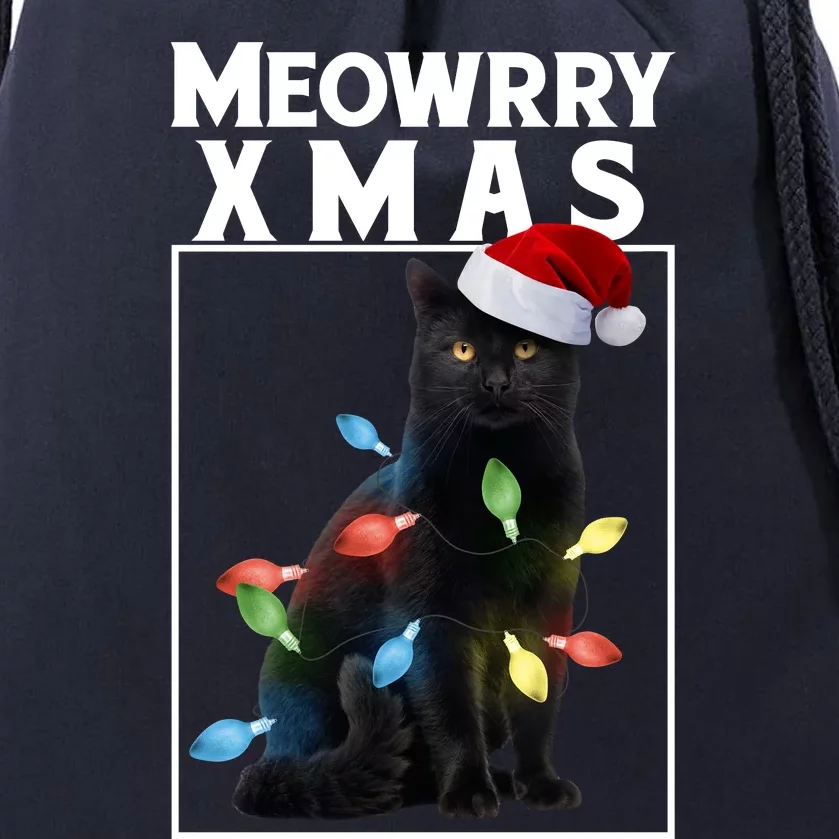 Meowy Christmas Cat With Lights And Santa Hat Drawstring Bag