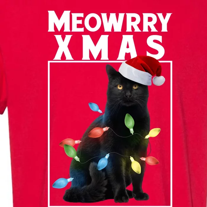 Meowy Christmas Cat With Lights And Santa Hat Garment-Dyed Heavyweight T-Shirt