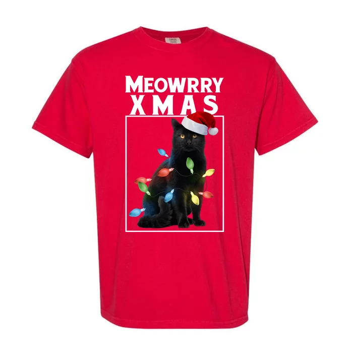 Meowy Christmas Cat With Lights And Santa Hat Garment-Dyed Heavyweight T-Shirt