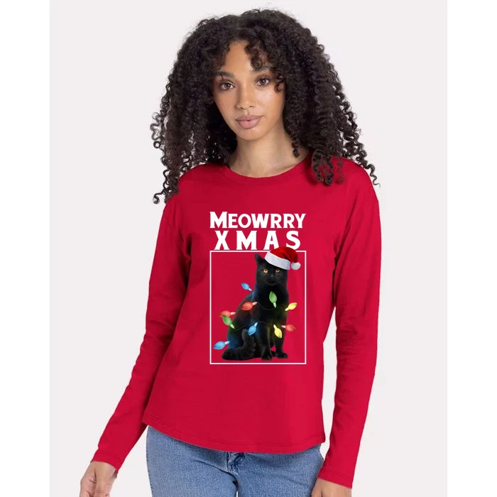 Meowy Christmas Cat With Lights And Santa Hat Womens Cotton Relaxed Long Sleeve T-Shirt