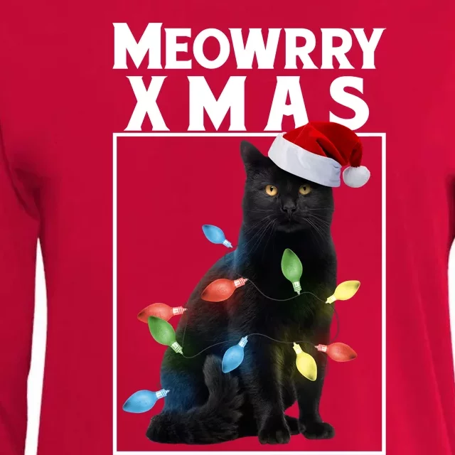 Meowy Christmas Cat With Lights And Santa Hat Womens Cotton Relaxed Long Sleeve T-Shirt