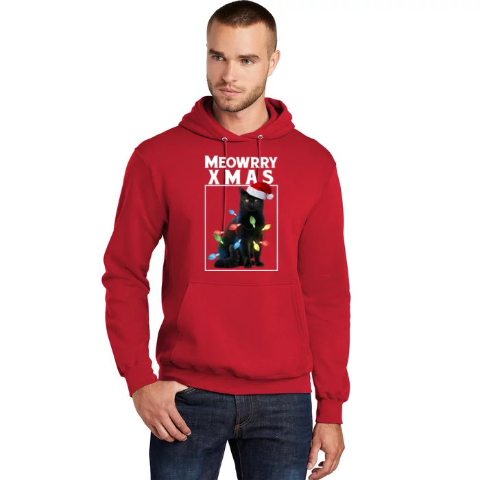 Meowy Christmas Cat With Lights And Santa Hat Hoodie