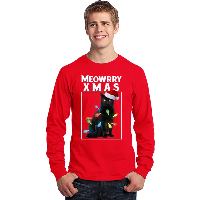 Meowy Christmas Cat With Lights And Santa Hat Long Sleeve Shirt