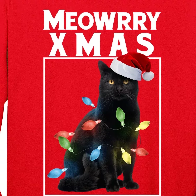 Meowy Christmas Cat With Lights And Santa Hat Long Sleeve Shirt