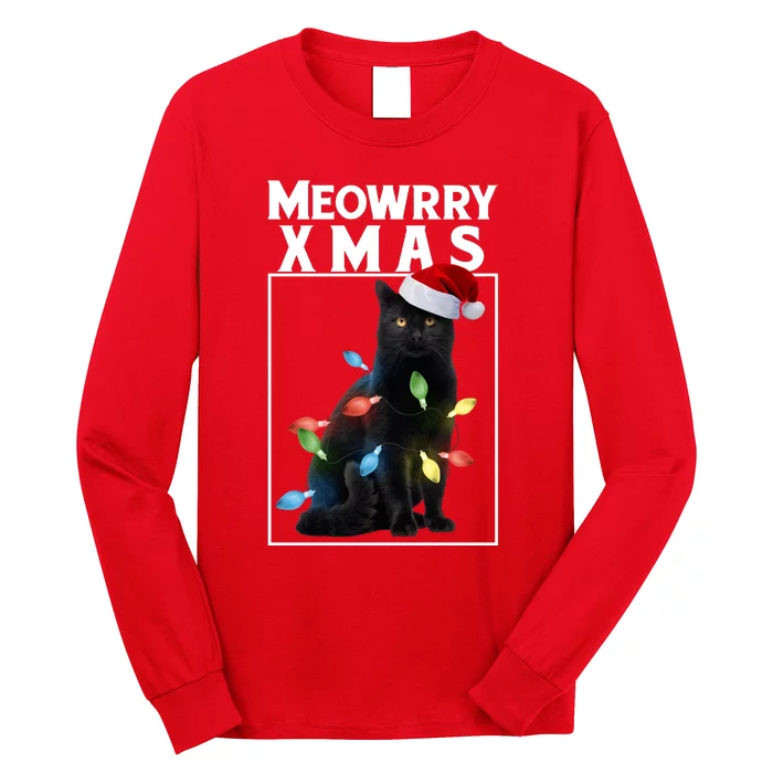 Meowy Christmas Cat With Lights And Santa Hat Long Sleeve Shirt