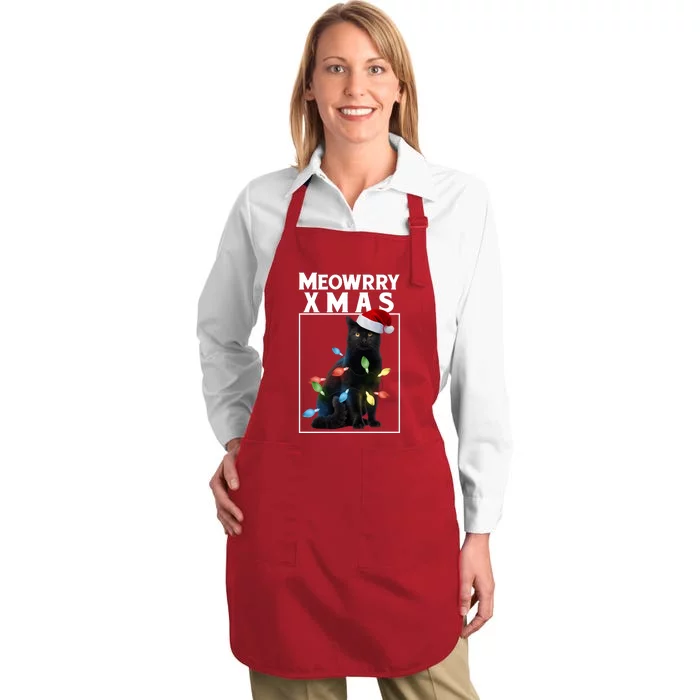 Meowy Christmas Cat With Lights And Santa Hat Full-Length Apron With Pocket