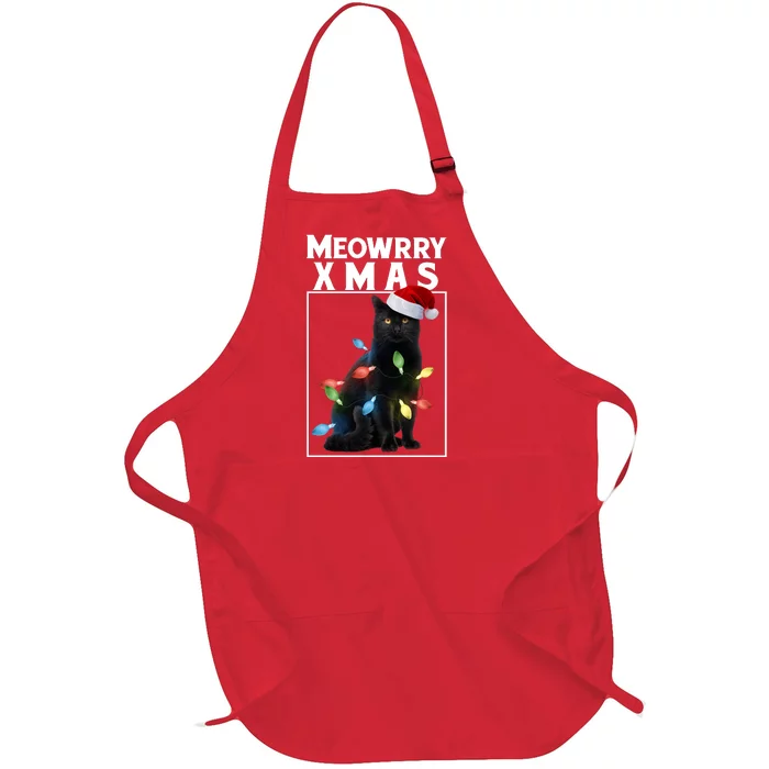 Meowy Christmas Cat With Lights And Santa Hat Full-Length Apron With Pocket