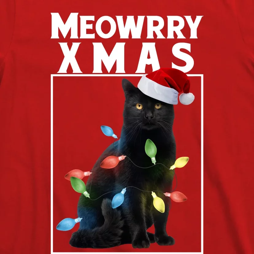 Meowy Christmas Cat With Lights And Santa Hat T-Shirt