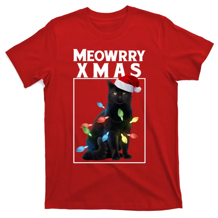 Meowy Christmas Cat With Lights And Santa Hat T-Shirt